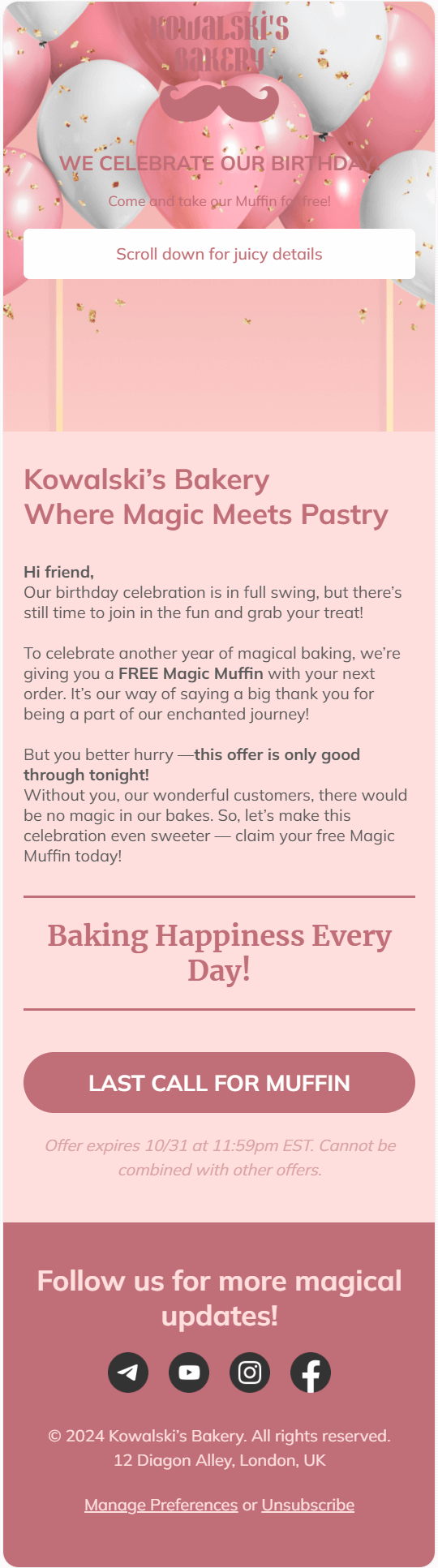 Kowalski’s Magical Bakes email template for mobile