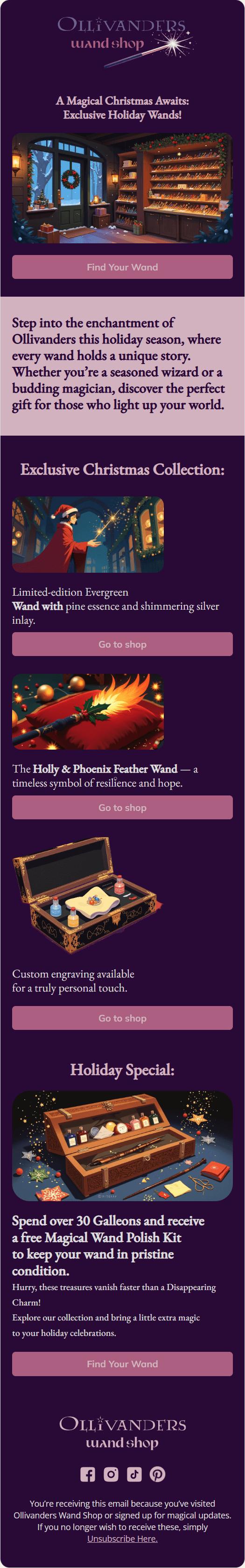 Ollivanders Wandshop email template for mobile