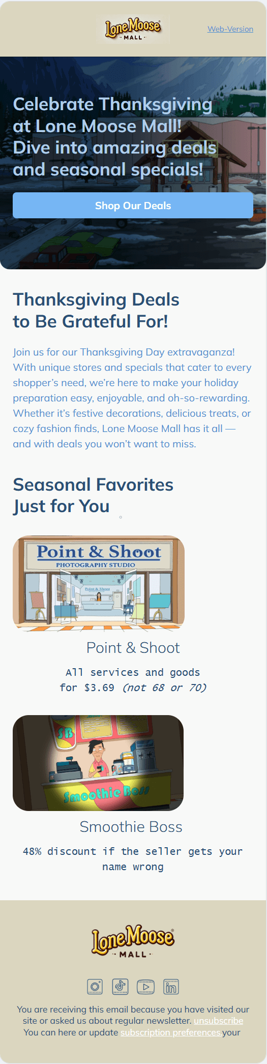Lone Moose Mall email template for mobile