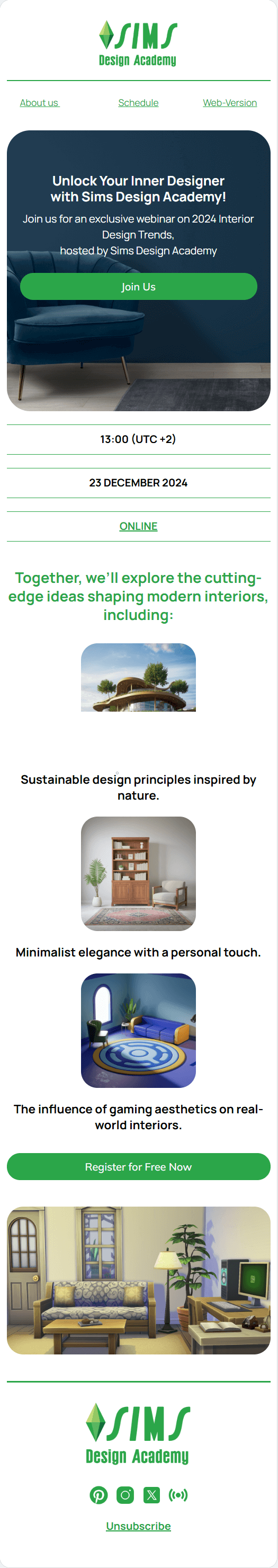Sims Design Academy email template for mobile