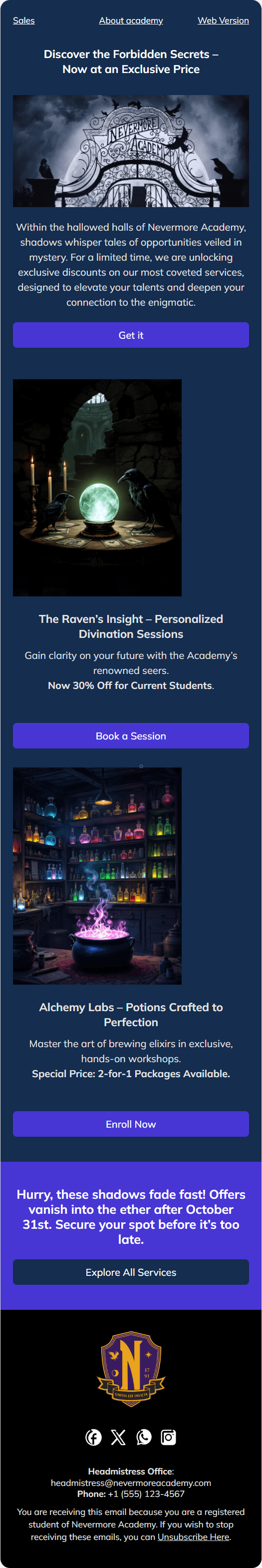 Nevermore Academy email template for mobile