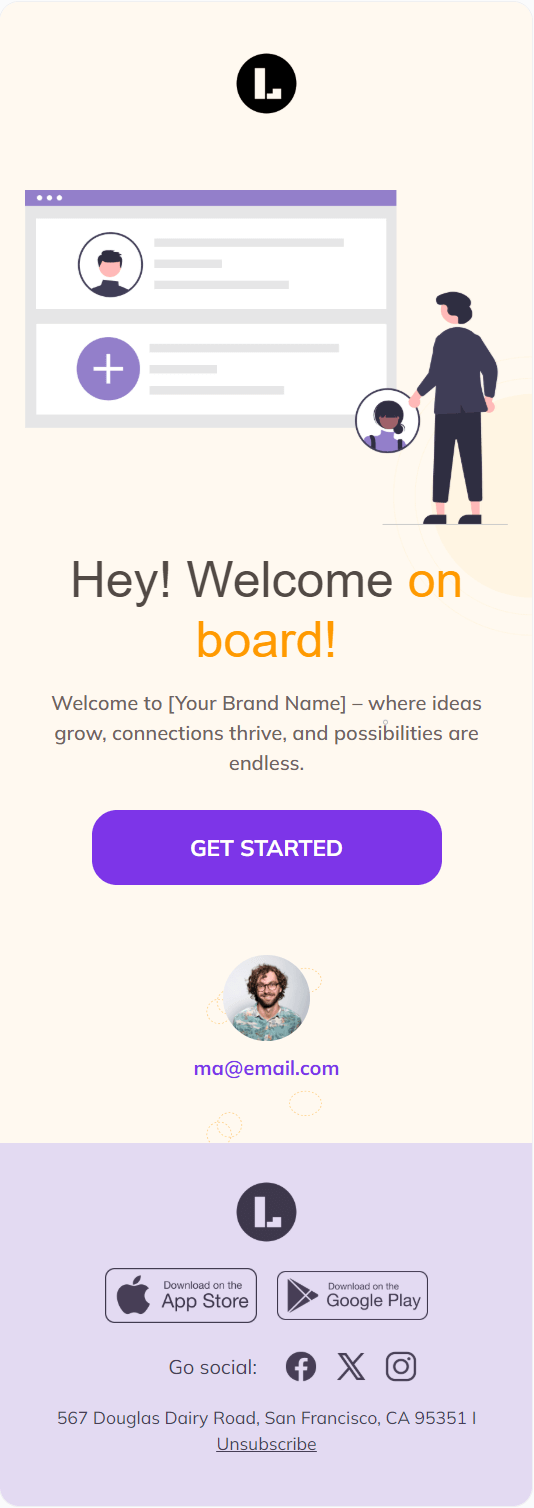 Welcome on board email template for mobile