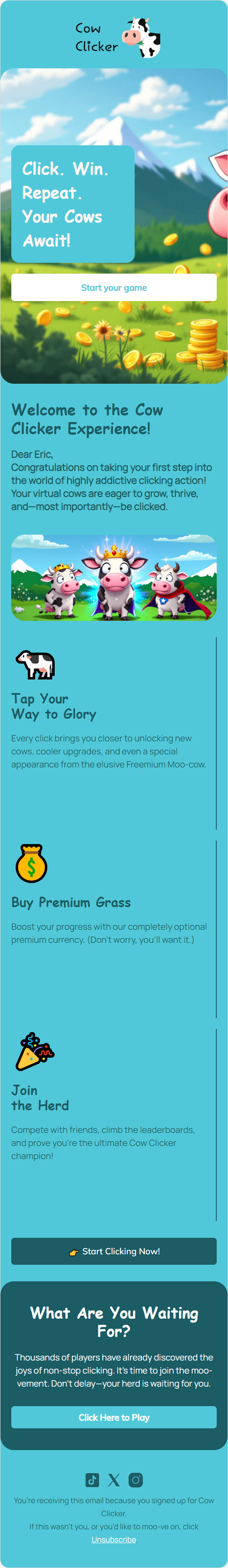 Cow Clicker email template for mobile