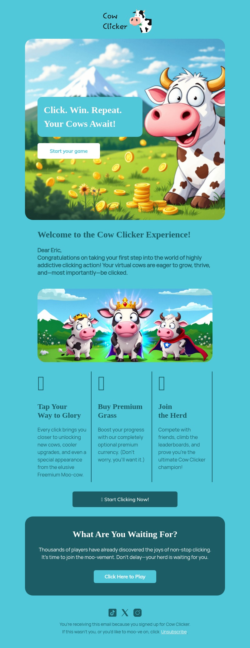 Cow Clicker email template for desktop