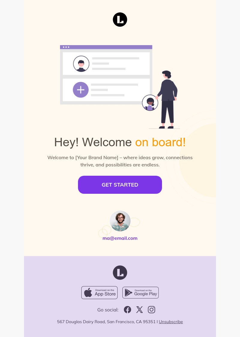 Welcome on board email template for desktop