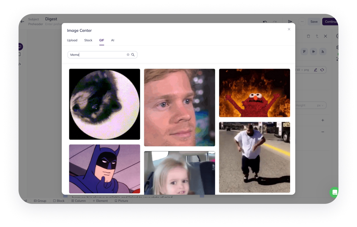 Media Center with GIFs, stickers and stock images