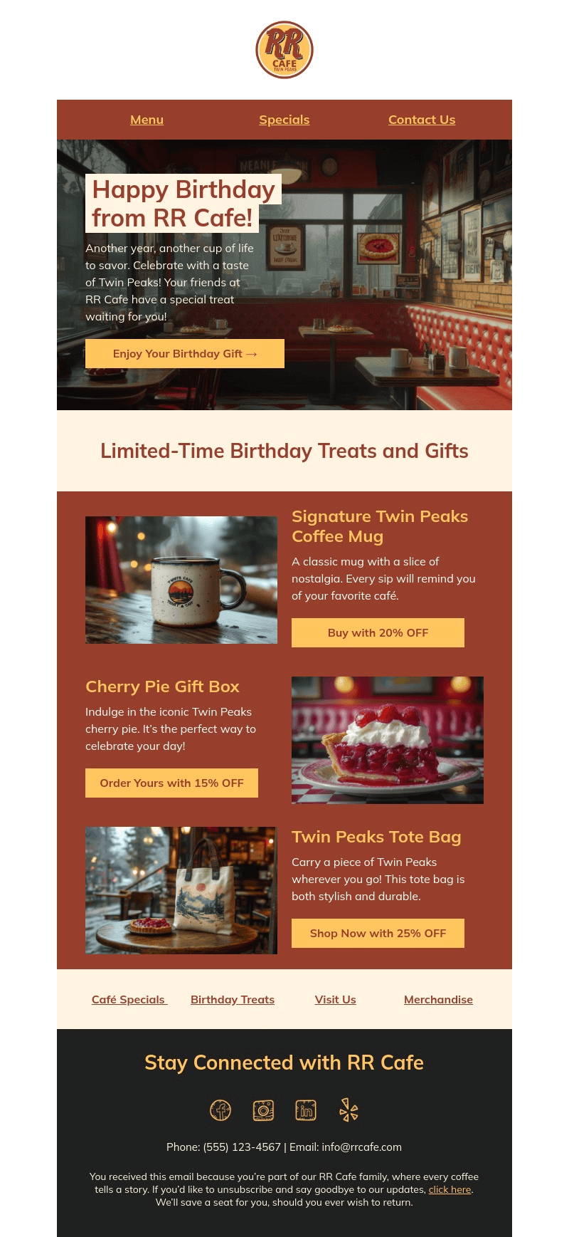 RR Cafe email template for desktop