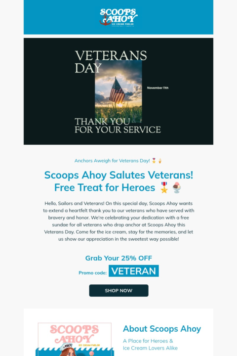 Scoops Ahoy Veterans Day email template