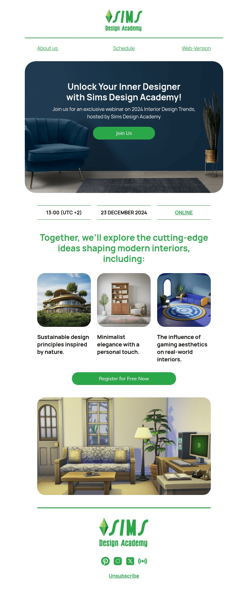 Sims Design Academy email template for desktop