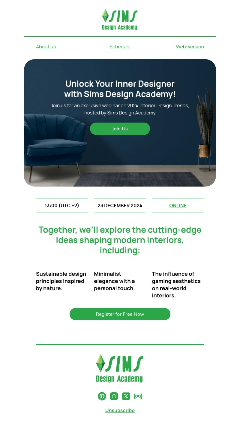 Sims Design Academy email template for desktop