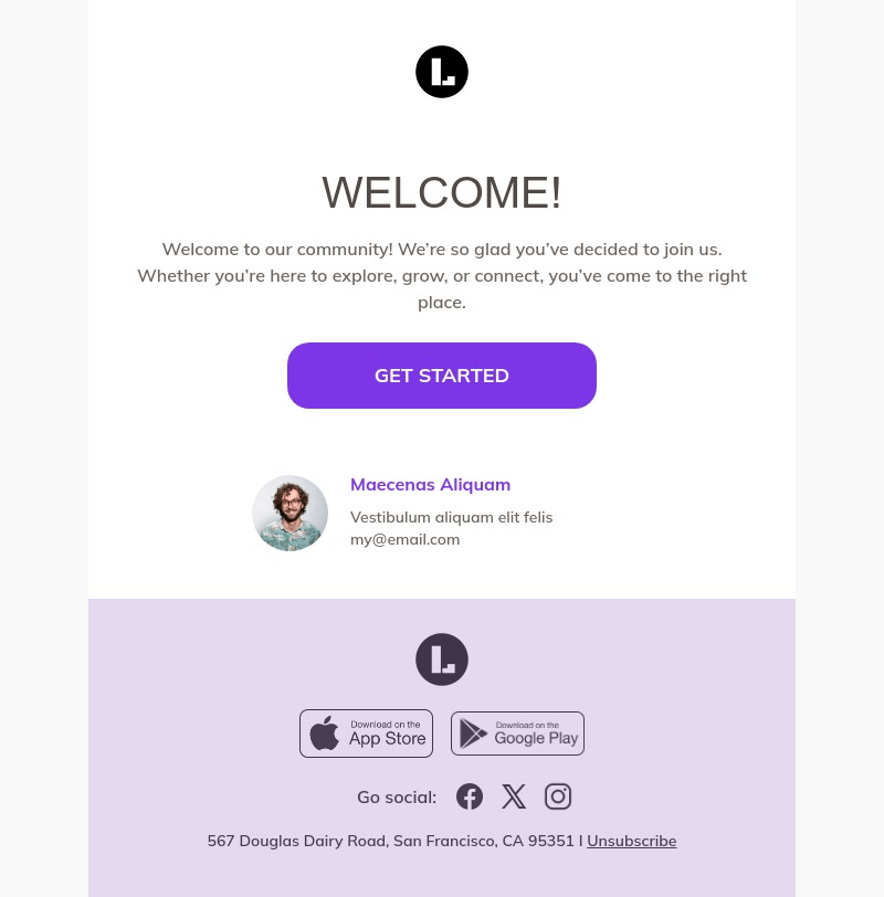 Welcome email template for desktop