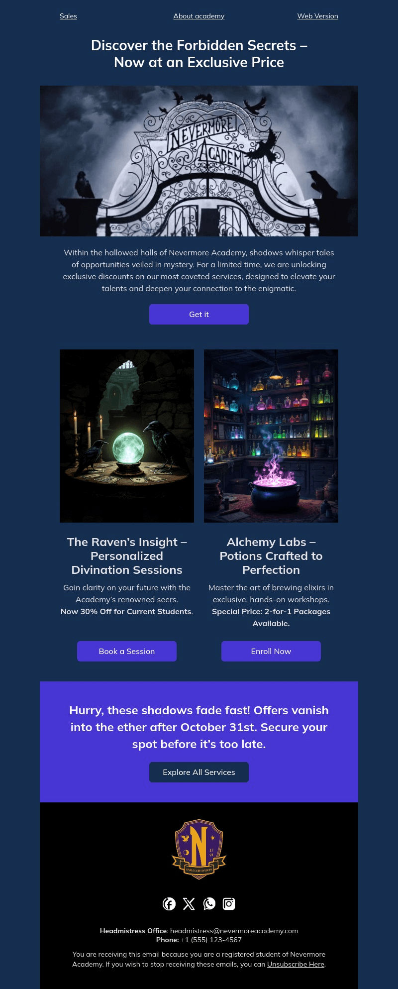 Nevermore Academy email template for desktop
