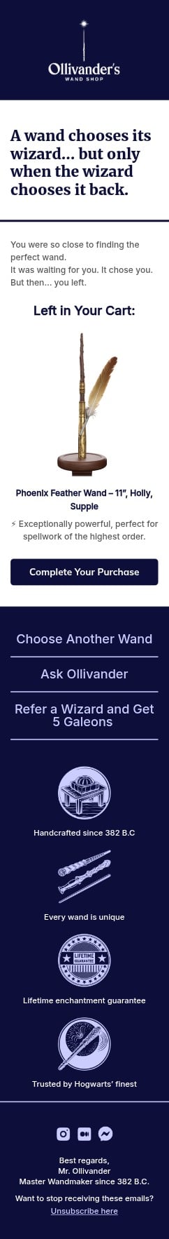 Ollivander’s email template for mobile