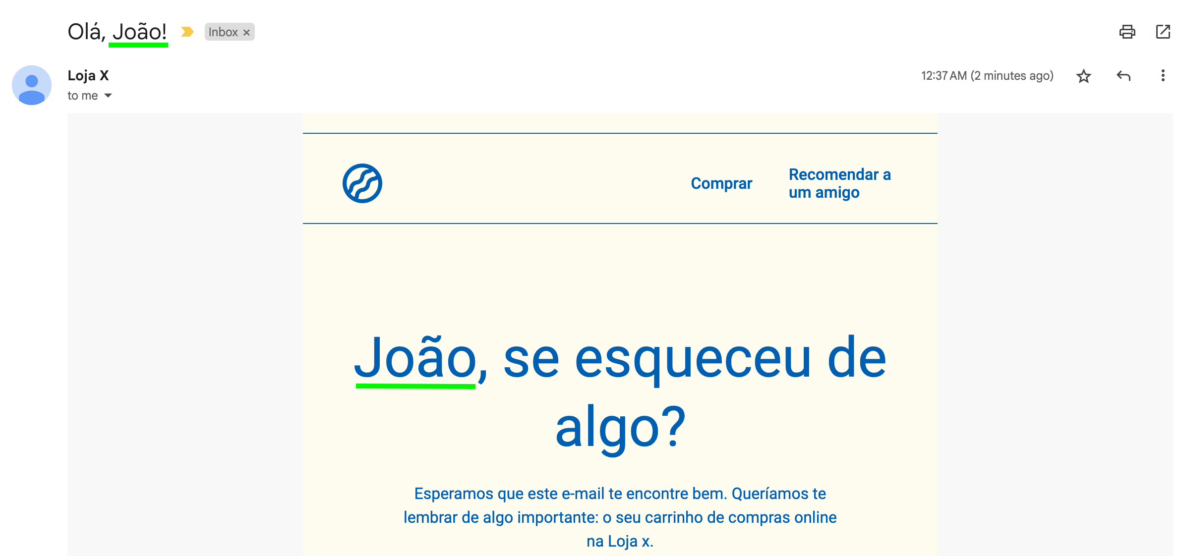 Um exemplo de e-mail com personalização