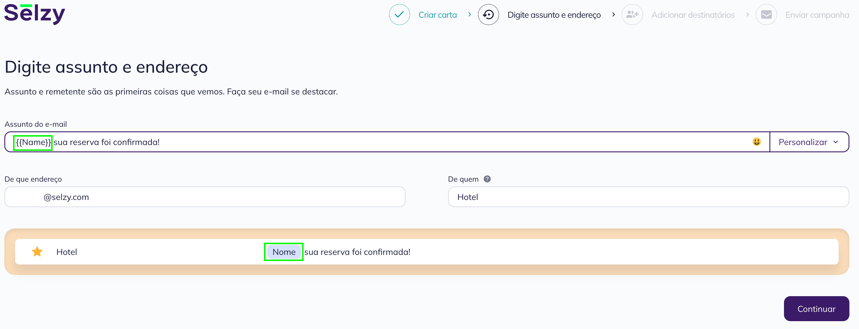 Copie a merge tag da seção de Campos personalizados e cole-a no assunto do e-mail. 