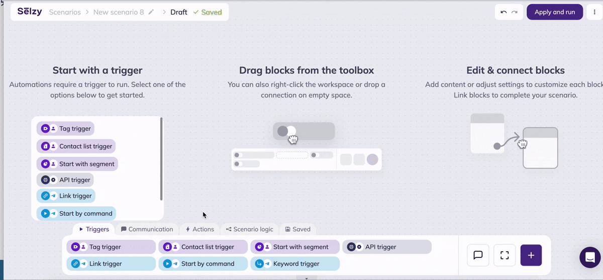 Creating an omnichannel scenario from scratch in Selzy