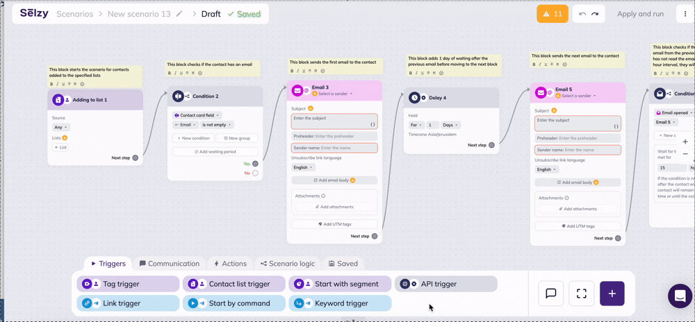 Editing an omnichannel scenario template in Selzy