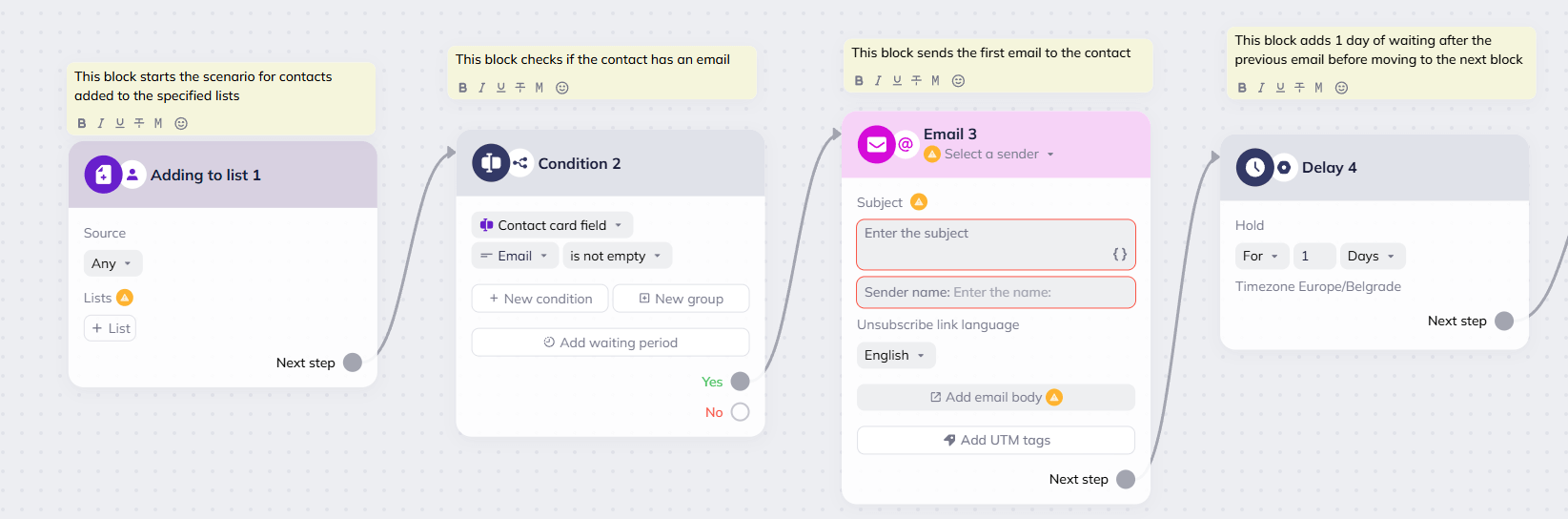 Onboarding notes that provide key information about each block in the template