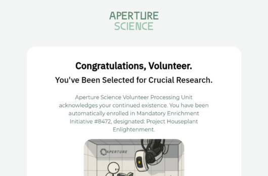 Aperture Science email template for desktop