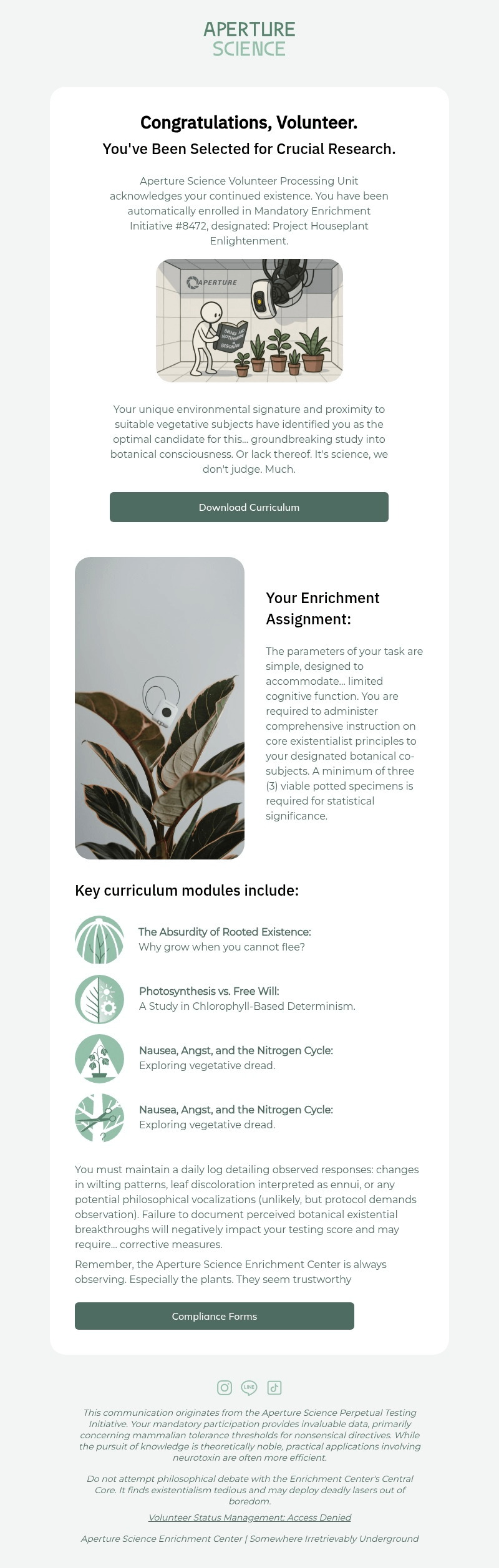 Aperture Science email template for desktop