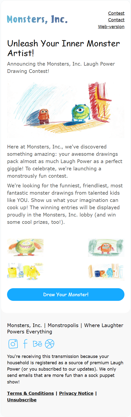 Monsters Contest email template for mobile