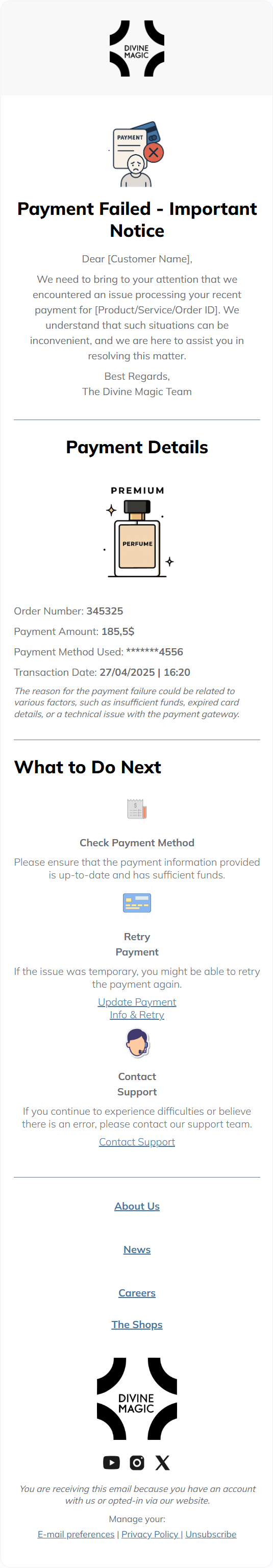 Payment Failure email template for mobile