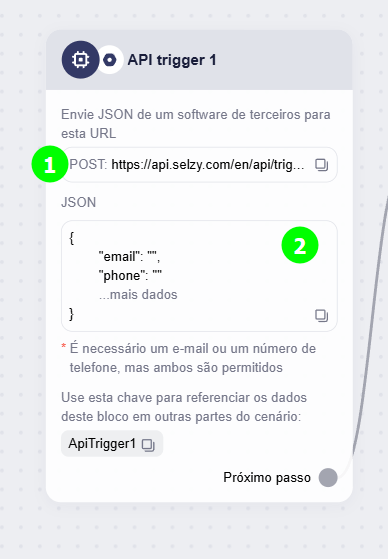 O bloco de gatilho de API no construtor de cenários de automação omnicanal da Selzy