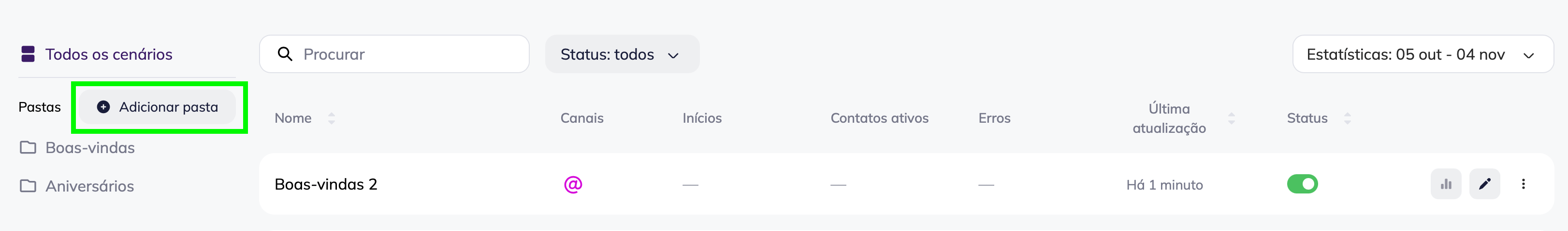 Botão “Adicionar pasta” na página de cenários de automação omnichannel da Selzy. 