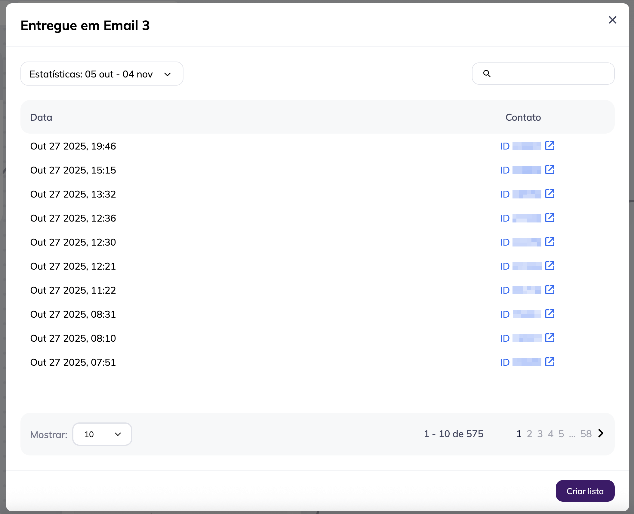 Relatório de contatos no editor de cenários da Selzy. O relatório inclui as colunas “Data” e “Contato”. “Data” mostra uma lista de diferentes datas e horários. A coluna “Contato” mostra IDs de usuários como links. Acima da lista, há um menu suspenso para escolher um período específico e uma barra de pesquisa. 