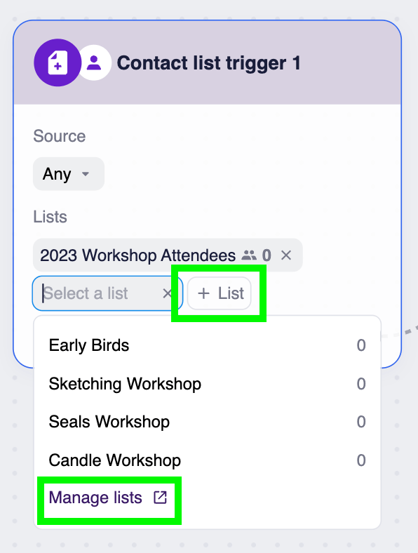 Contact list trigger block in Selzy’s omnichannel scenario workspace with the “Any” set as a source and a list selection dropdown menu. The “+List” button and the “Manage Lists” link are highlighted.