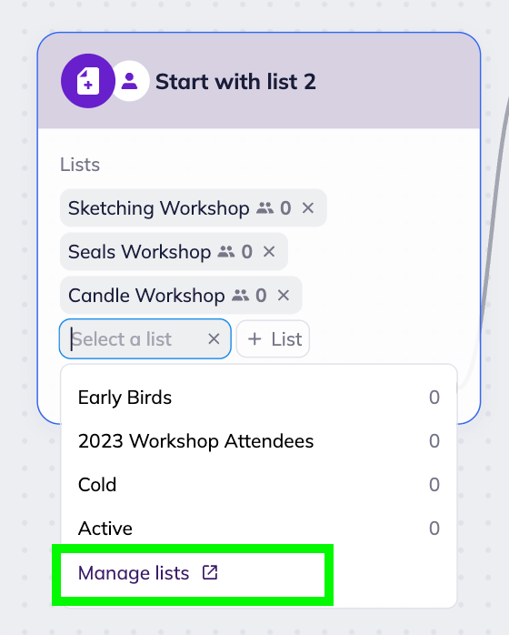 “Start with list” trigger block in Selzy’s omnichannel scenario workspace with a list selection dropdown menu. The “Manage Lists” link is highlighted. 