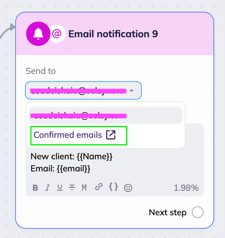 Selzy scenario editor’s Email Notification block with the email list dropdown menu and “Confirmed emails” link highlighted. 