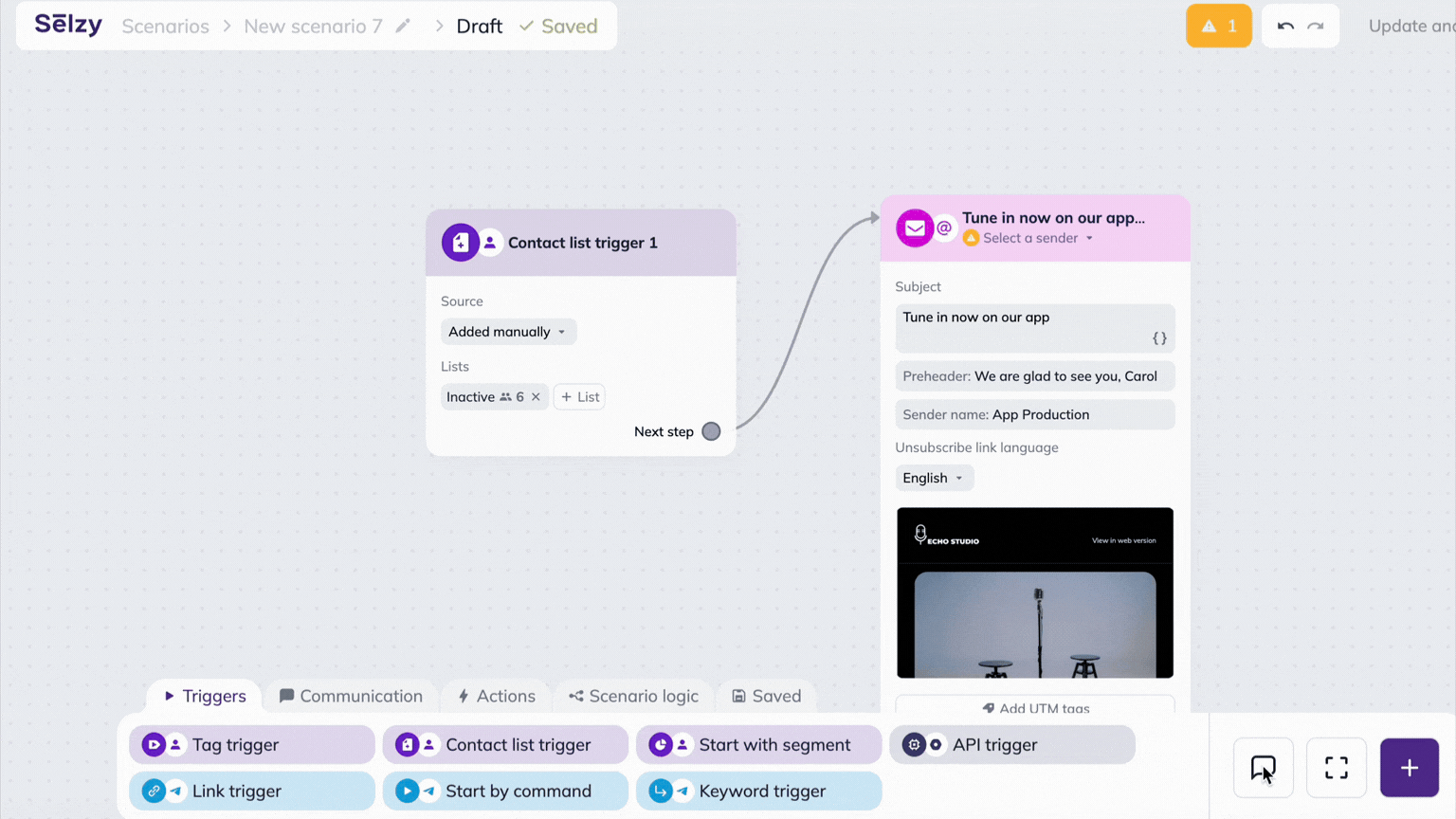 Video showing how to add a note in Selzy scenario editor’s workspace. 